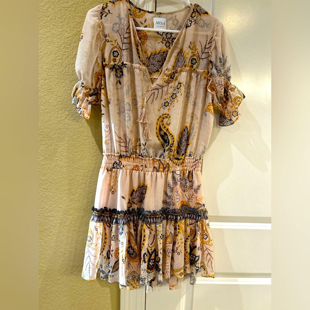 Misa Los Angeles Pale Pink and Mustard Paisley Tiered Dress